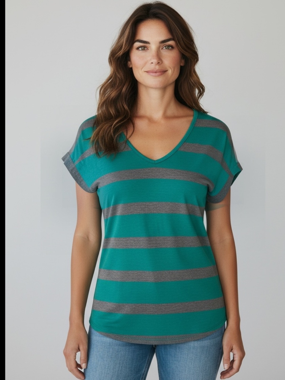 American Dream Teal and Gray Striped V-Neck Short Sleeve Top